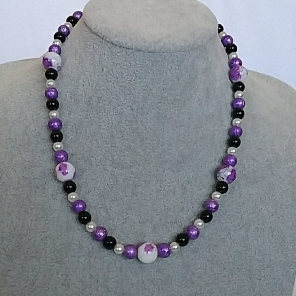 Purple, White, Black Beaded Necklace